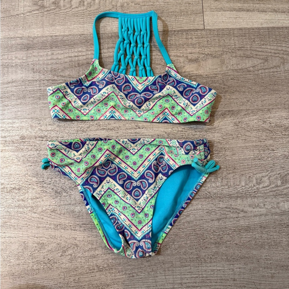 Vibrant Paisley Kids Bikini Set - Green and Blue
